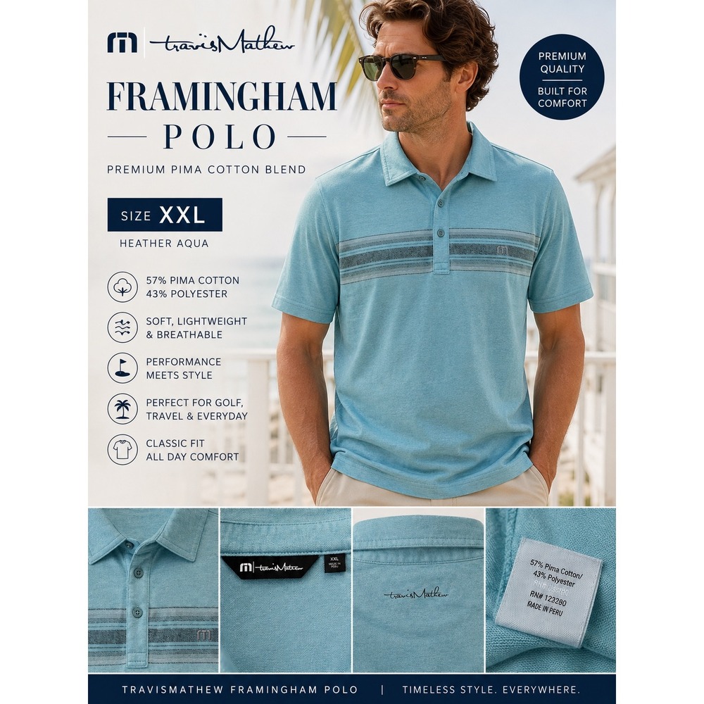 TravisMathew Framingham Polo XXL Heather Aqua Pima Cotton Golf Shirt